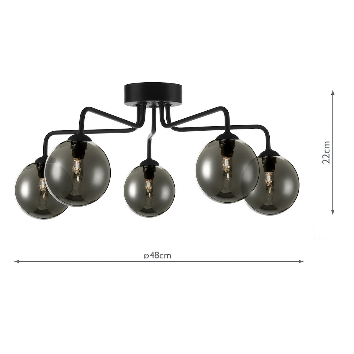 Black ceiling lamp with five smoked glass globes, 48cm wide and 22cm high.