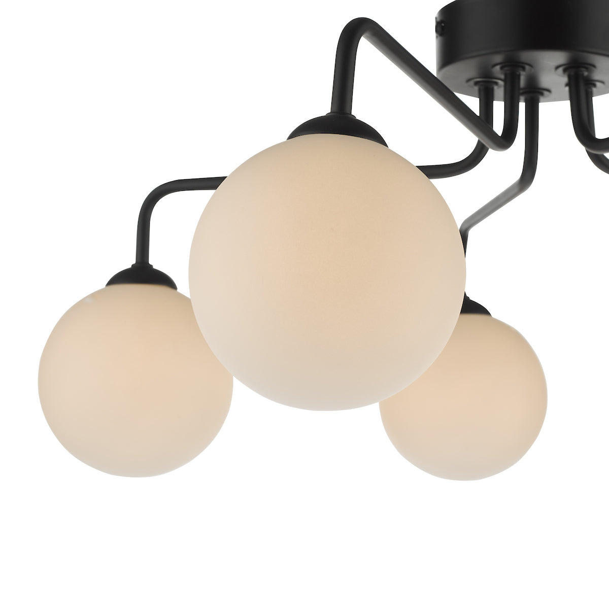 Close-up of a modern black chandelier with three spherical, frosted glass shades.
