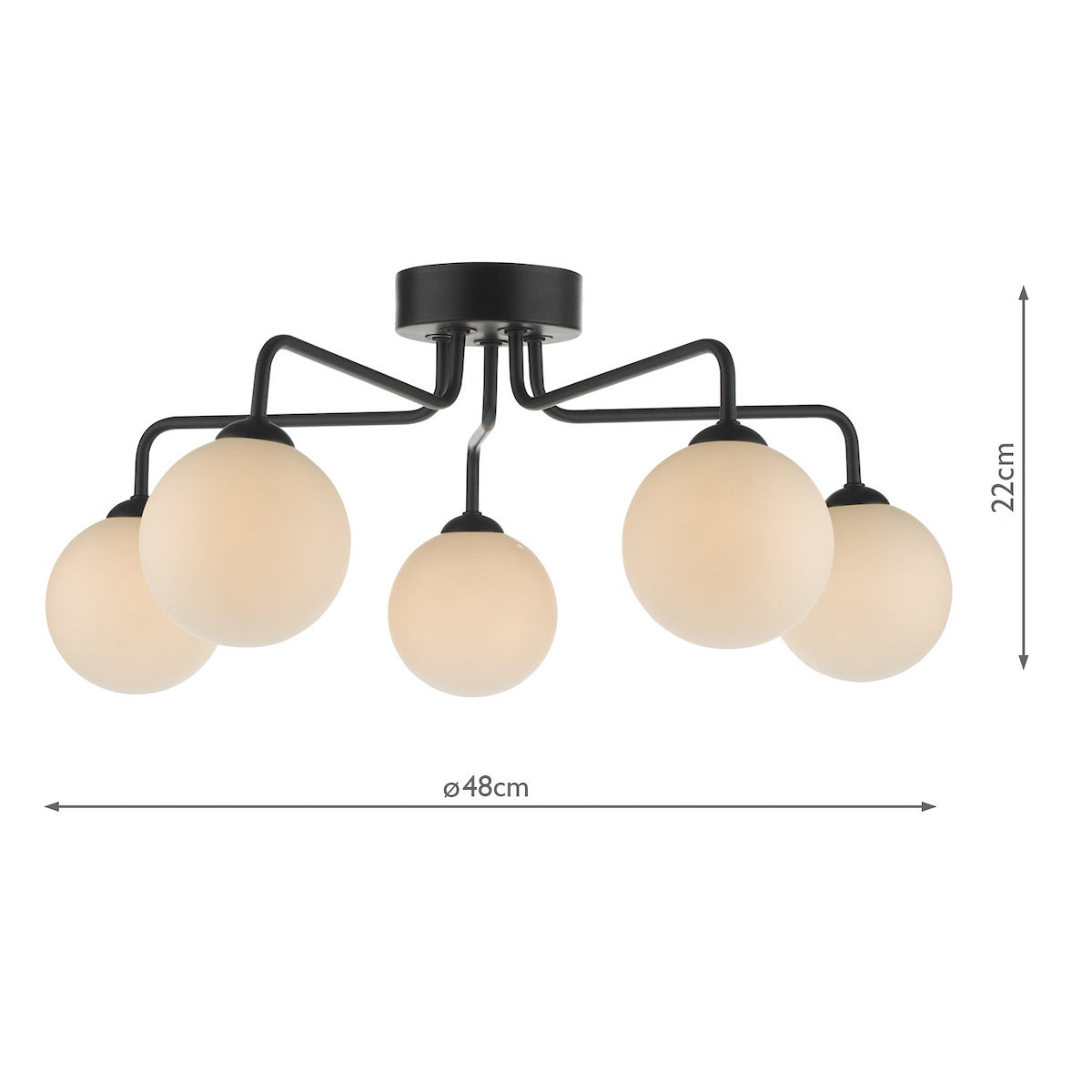 Black ceiling light with five spherical, frosted glass shades. It measures 48cm wide and 22cm high.