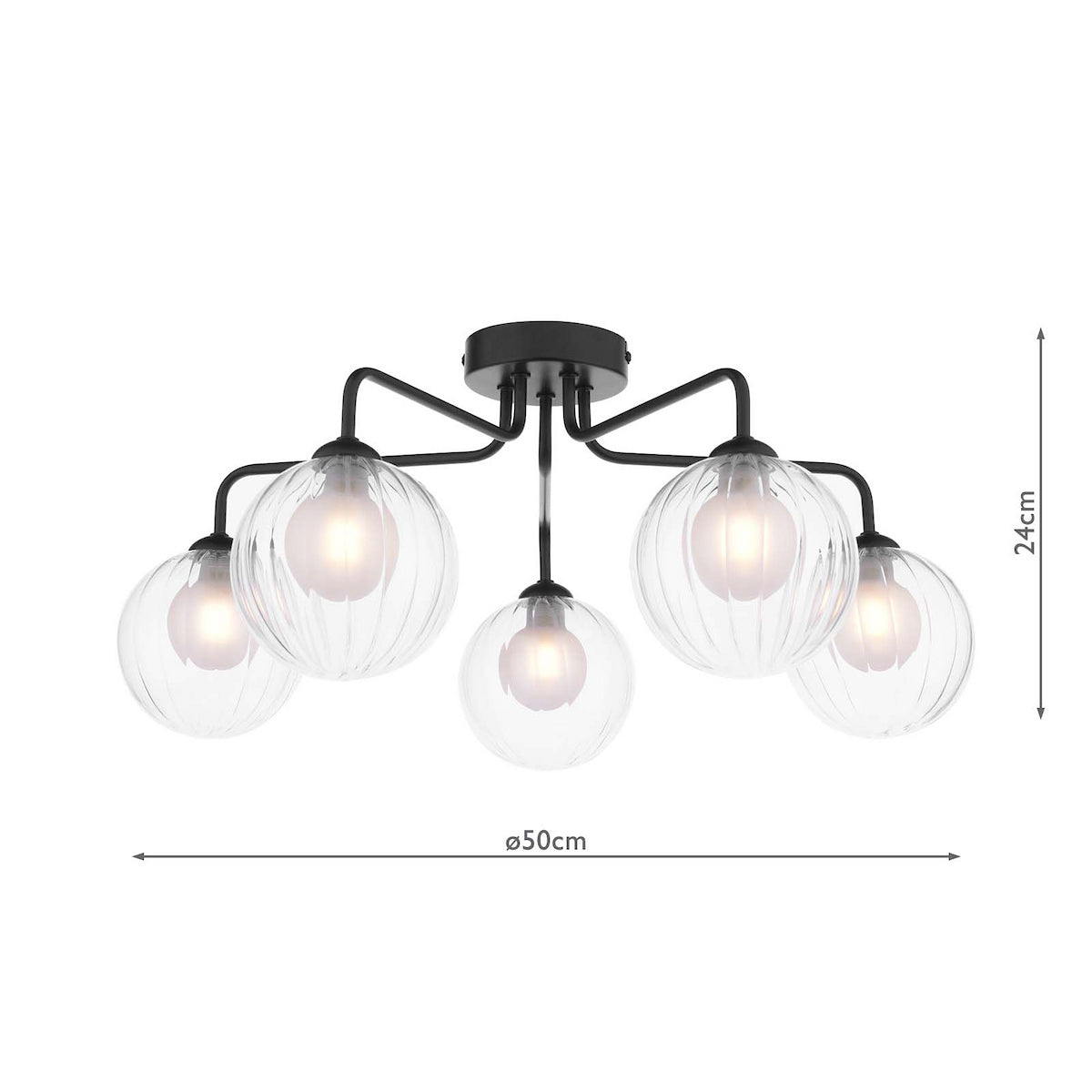 Black ceiling light with five clear, ribbed glass globe shades, showing dimensions of 24cm height and 50cm diameter.