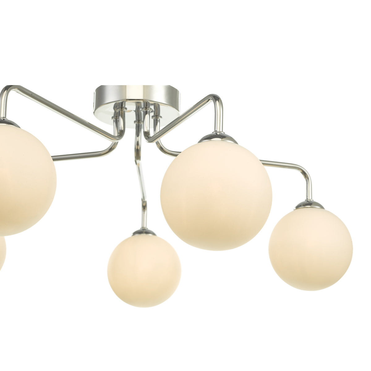 Modern ceiling light with five cream-colored globe shades and a polished chrome finish.