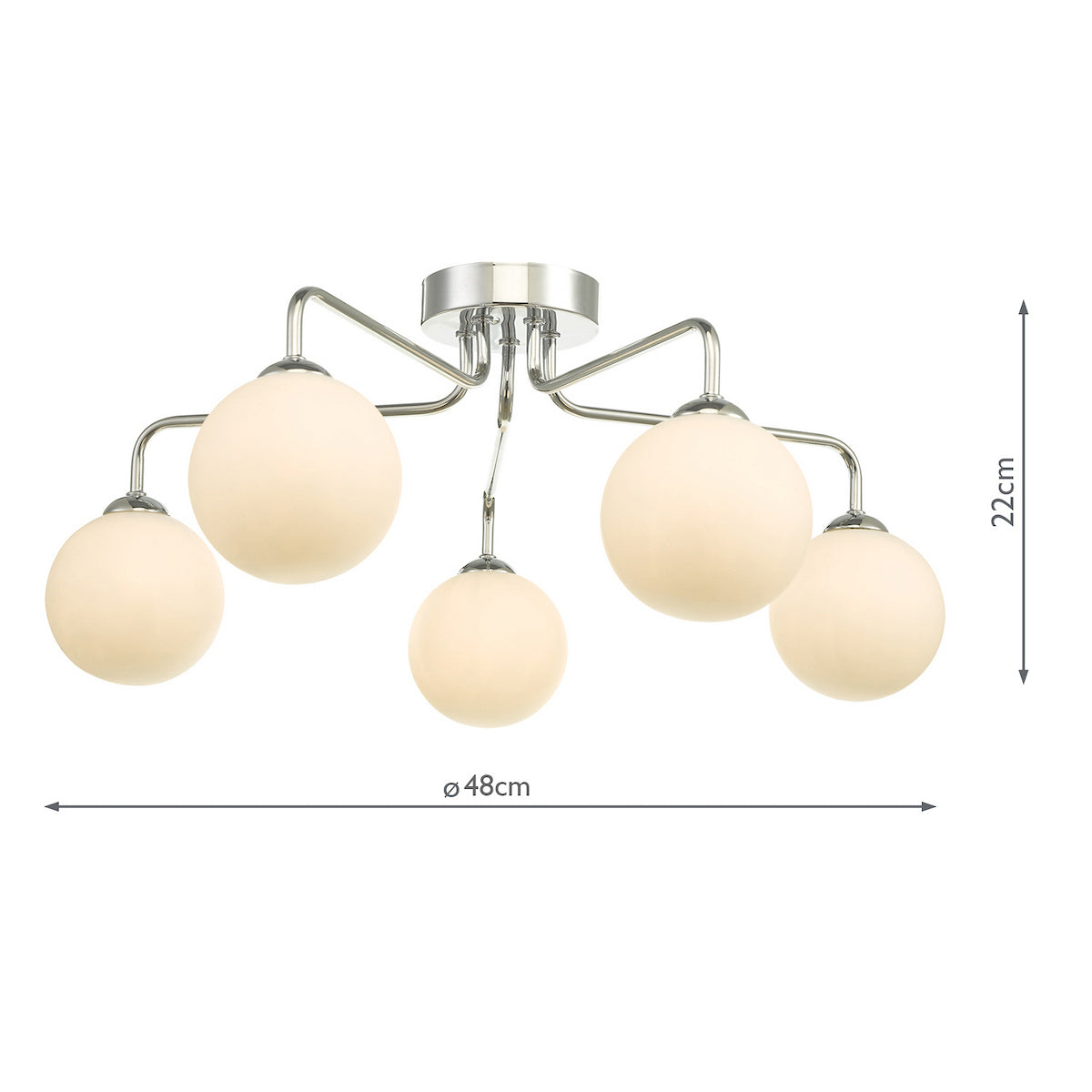 Chrome ceiling light with five opal glass globe shades, 48cm wide and 22cm high.