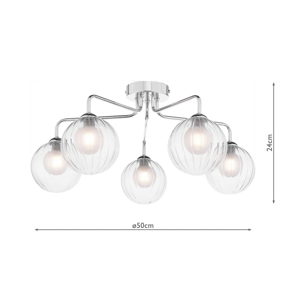 Chrome ceiling light with five clear, ribbed glass globe shades and exposed bulbs. Dimensions: 50cm wide, 24cm high.
