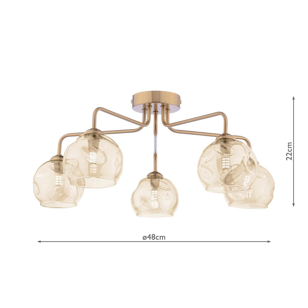 Five-light ceiling lamp with amber glass shades and gold-colored metal frame, 22cm high and 48cm wide.
