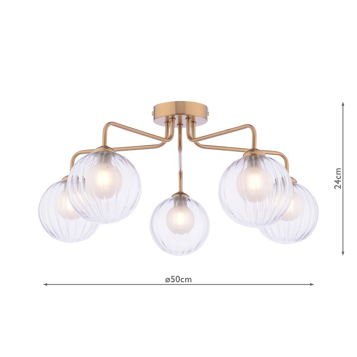 Gold chandelier with five clear, ribbed glass globes, showing dimensions of 24cm height and 50cm diameter.