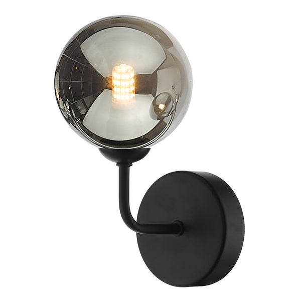 Modern wall sconce with a black base and a smoked glass globe shade.
