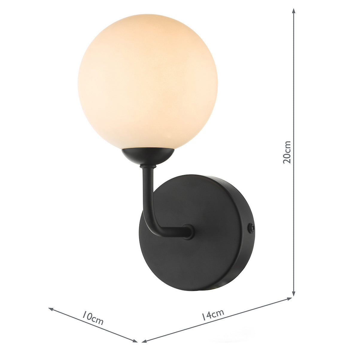 Black wall light with a spherical opal glass shade, showing dimensions of 20cm height, 14cm width, and 10cm depth.