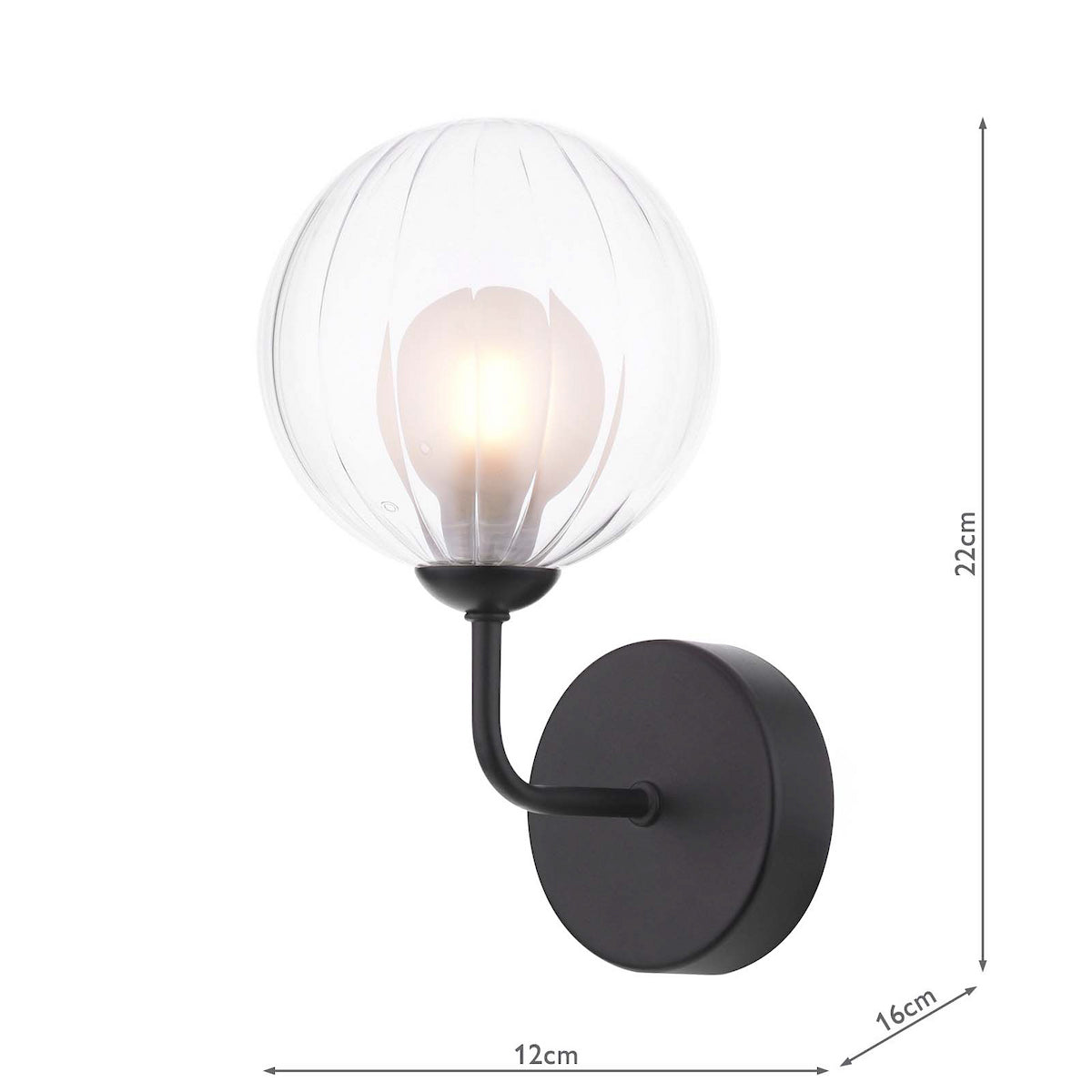 Black wall light with a clear, ribbed spherical glass shade and a glowing bulb inside.