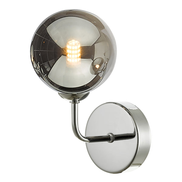 Chrome wall light with a round, smoked glass shade and an exposed filament bulb.