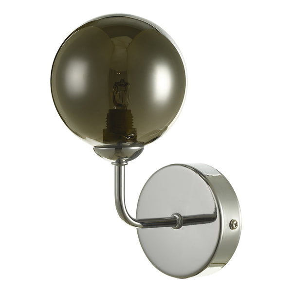 A modern wall light with a chrome base and a smoked glass globe shade, revealing the bulb inside.