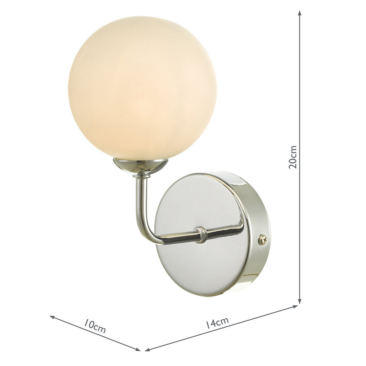Chrome wall light with a spherical opal glass shade, showing dimensions of 20cm height, 14cm width, and 10cm depth.