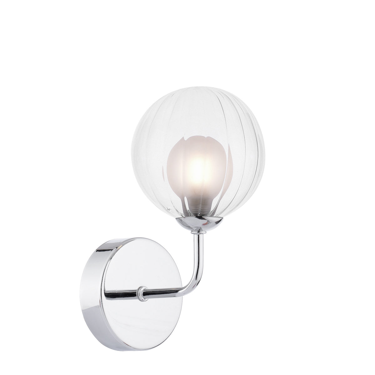 Chrome wall sconce with a clear, ribbed glass globe shade and an illuminated bulb.