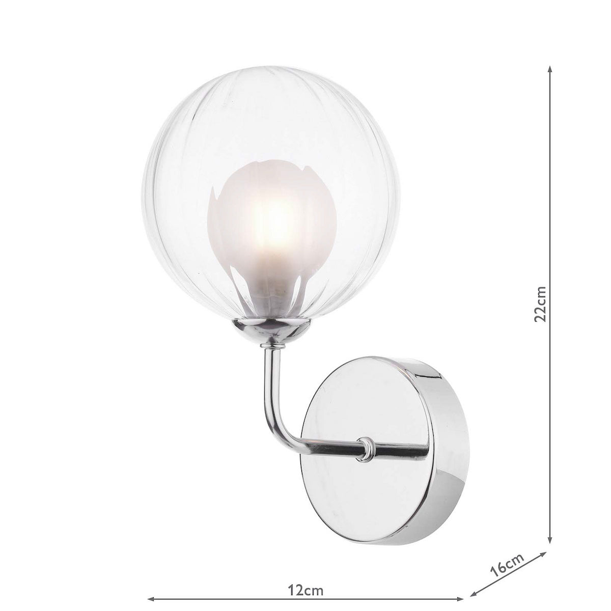 Chrome wall light with a ribbed clear glass globe shade and a glowing bulb inside.
