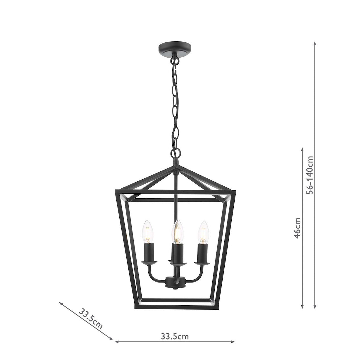 Black metal lantern chandelier with three exposed bulbs and dimensions shown.