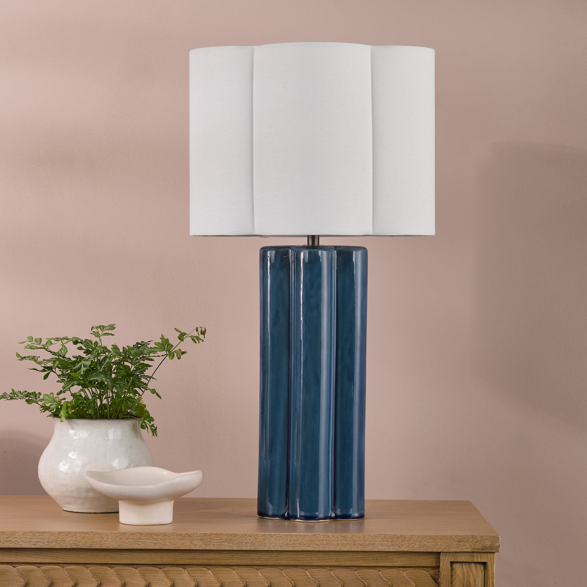 Fiyan Ceramic Table Lamp in Blue with Ivory Linen Scallop Shade