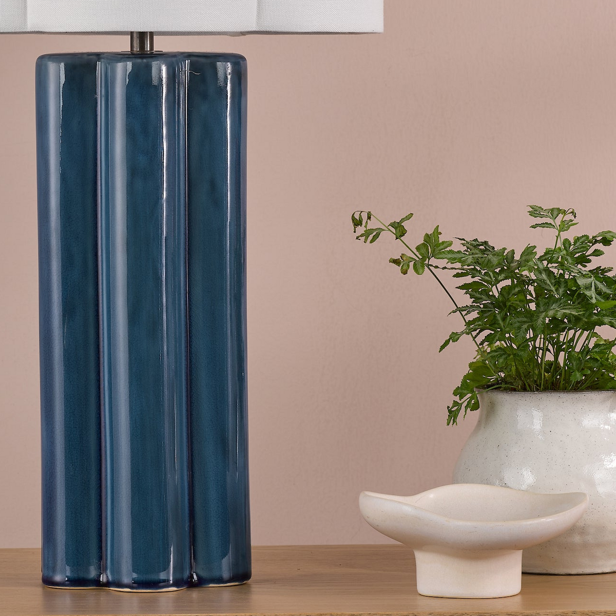 Fiyan Ceramic Table Lamp in Blue with Ivory Linen Scallop Shade