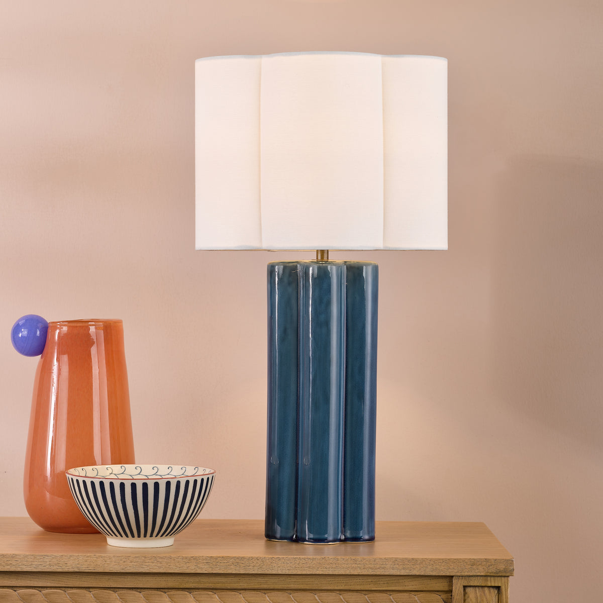 Fiyan Ceramic Table Lamp in Blue with Ivory Linen Scallop Shade