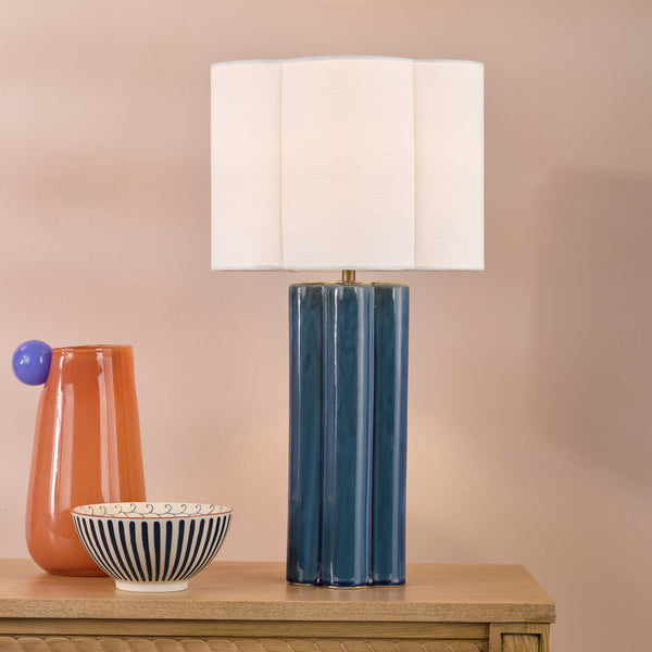 Fiyan Ceramic Table Lamp in Blue with Ivory Linen Scallop Shade