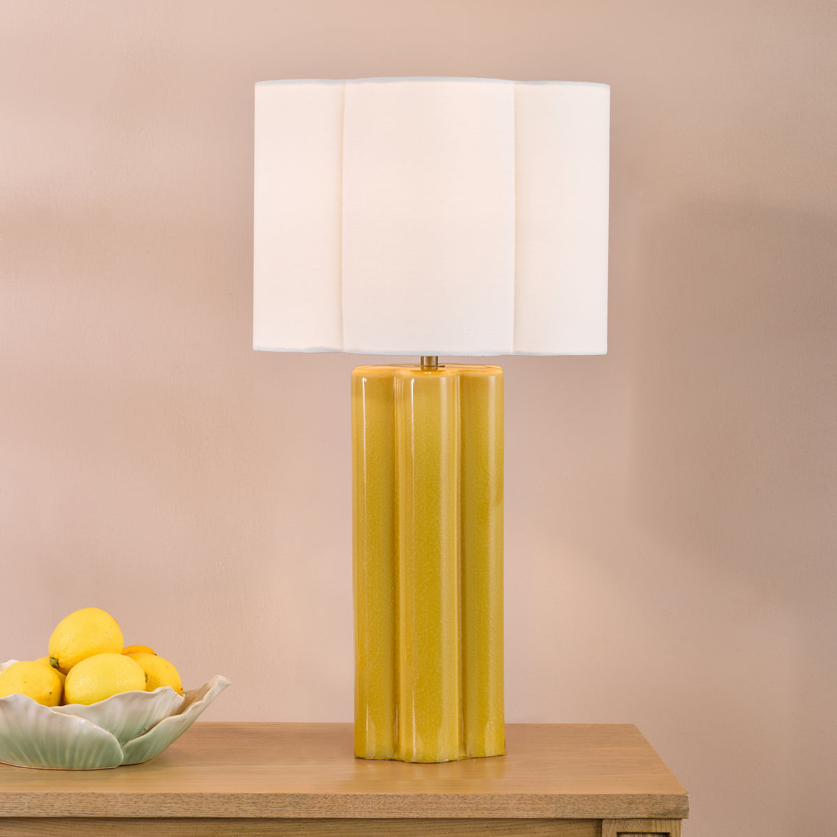 Fiyan Ceramic Table Lamp in Yellow with Ivory Linen Scallop Shade