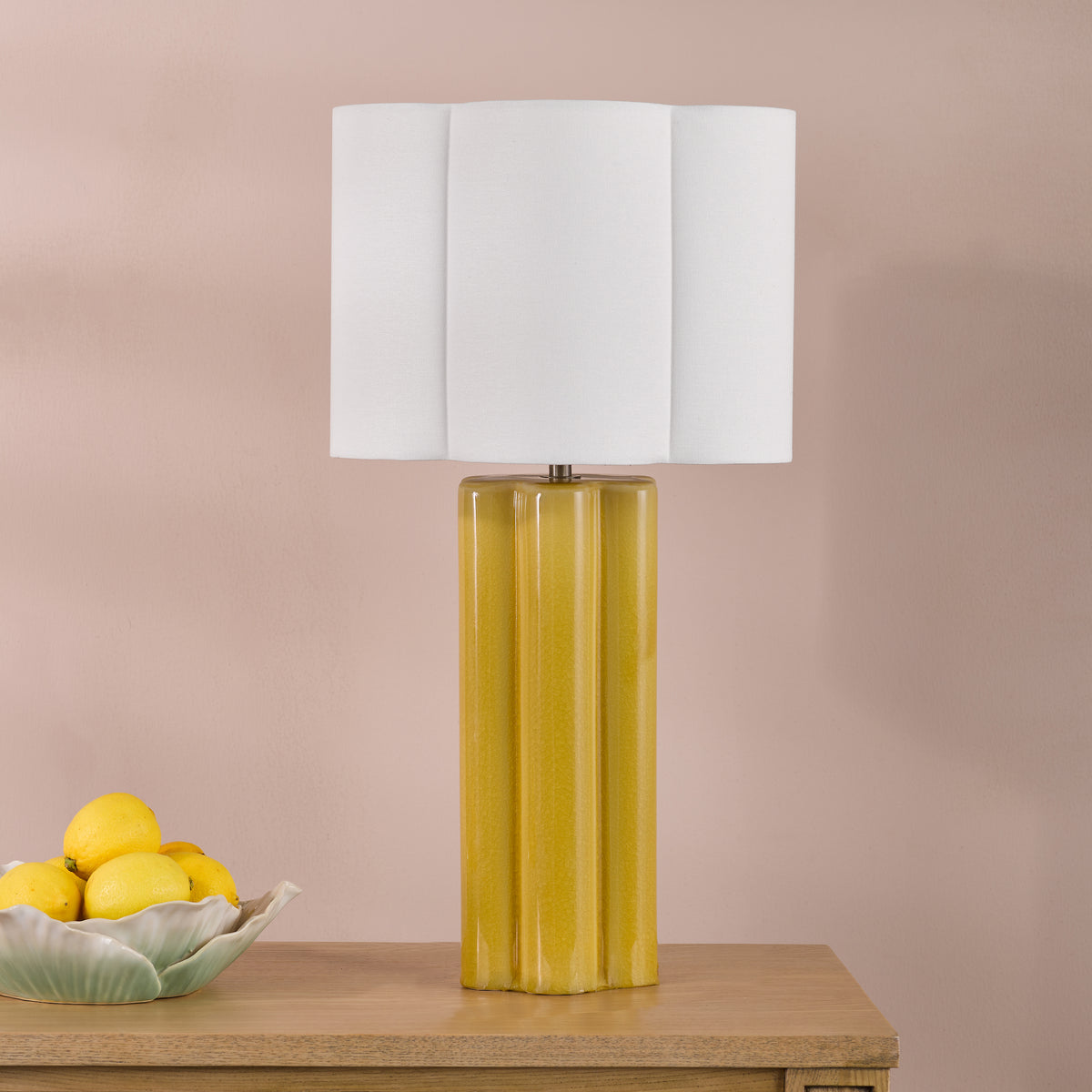 Fiyan Ceramic Table Lamp in Yellow with Ivory Linen Scallop Shade