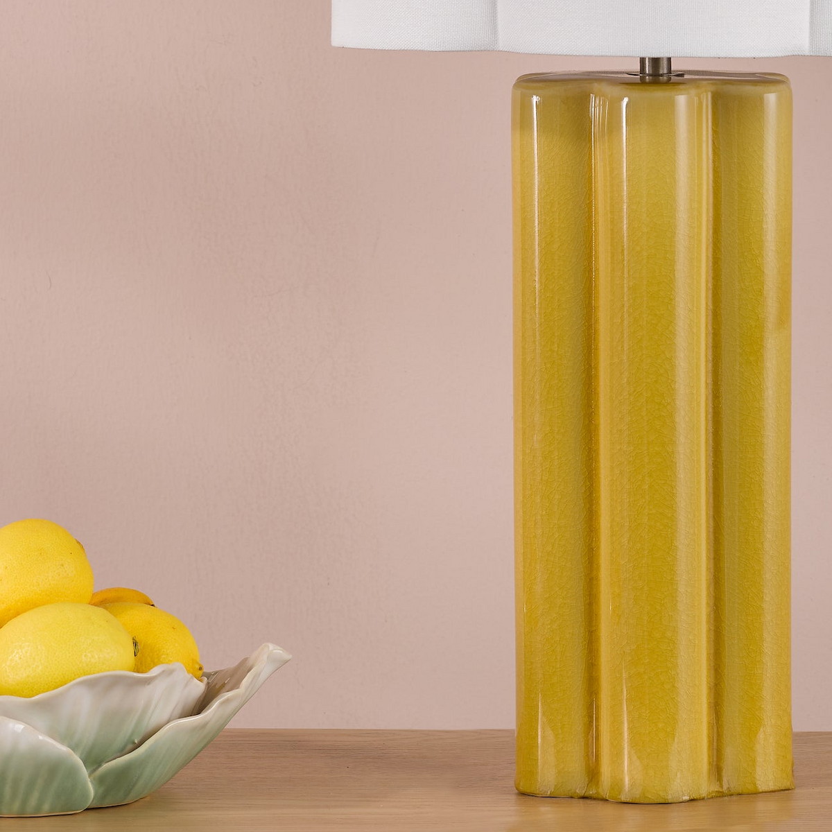 Fiyan Ceramic Table Lamp in Yellow with Ivory Linen Scallop Shade