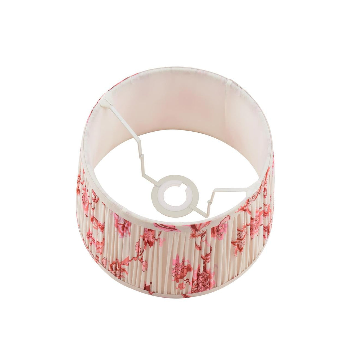 Joules Folly 25cm tapered pleated cotton drum shade in pink with floral pattern viewed from above