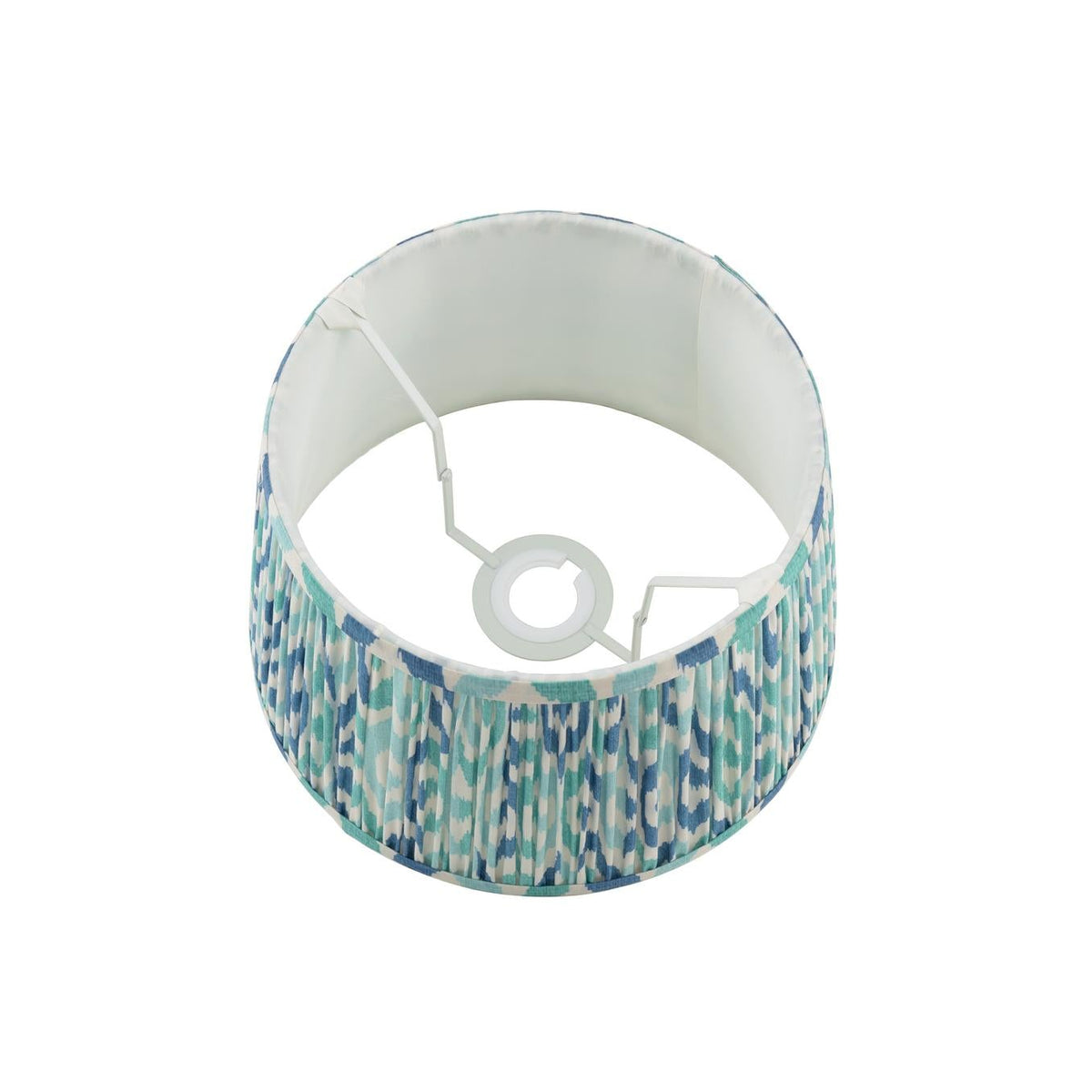Round pleated lampshade with blue and teal ikat pattern