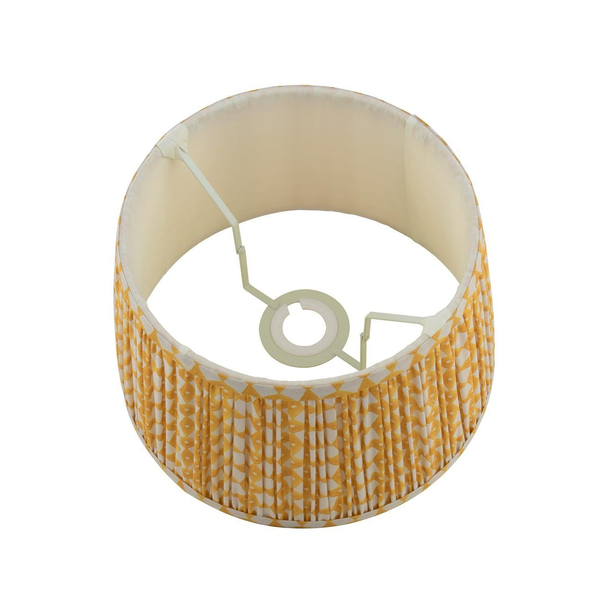 Yellow and white patterned pleated drum lampshade viewed from above