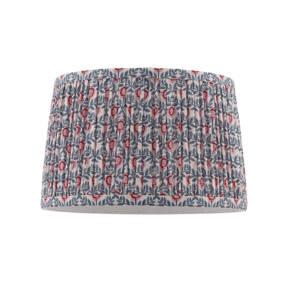 Drum lampshade with pleated fabric featuring a blue leaf and red flower pattern on a cream background