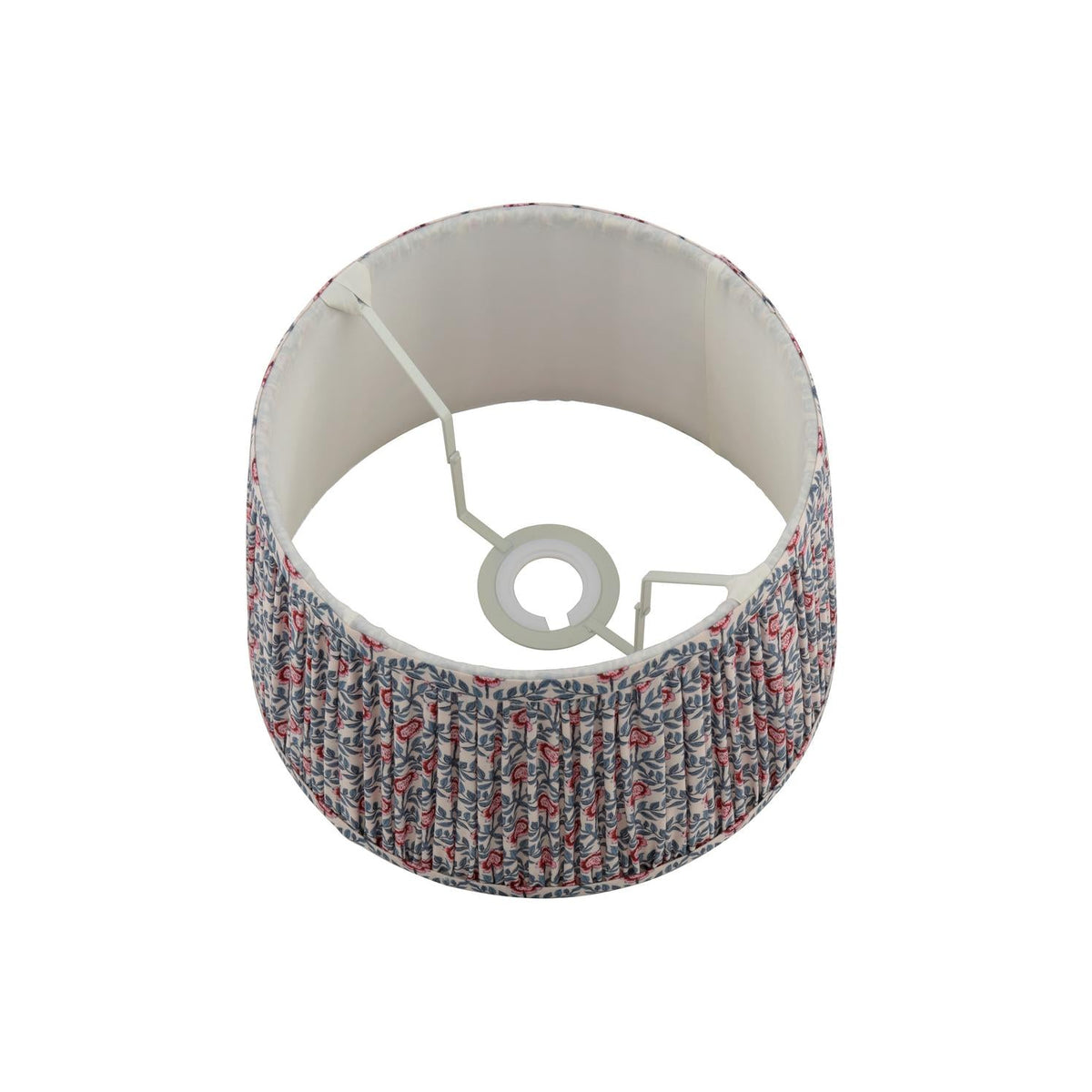 Joules Folly 25cm tapered pleated cotton drum shade in blue and red viewed from above