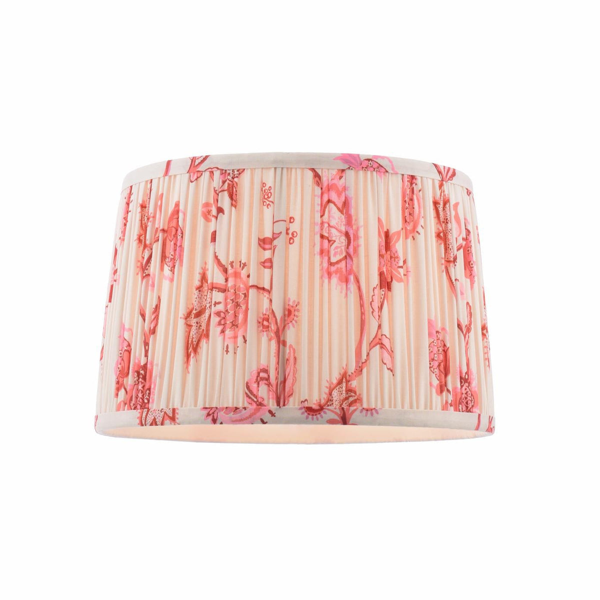 Drum lampshade with pleated fabric and pink floral pattern