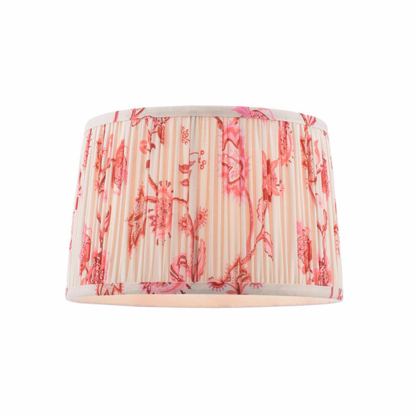 Drum lampshade with pleated fabric and pink floral pattern