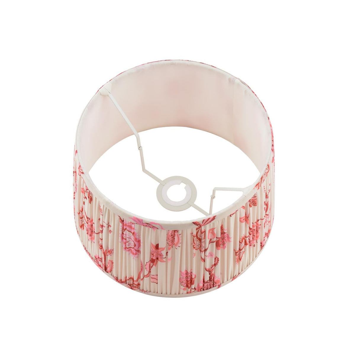 Joules Folly 30cm tapered pleated cotton drum shade in pink with floral pattern viewed from above