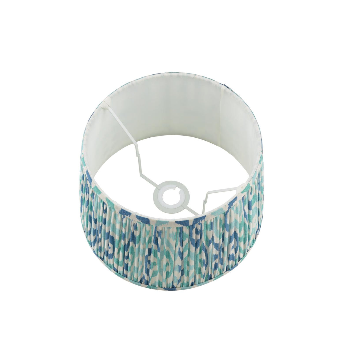 Round pleated lampshade with blue and teal ikat pattern