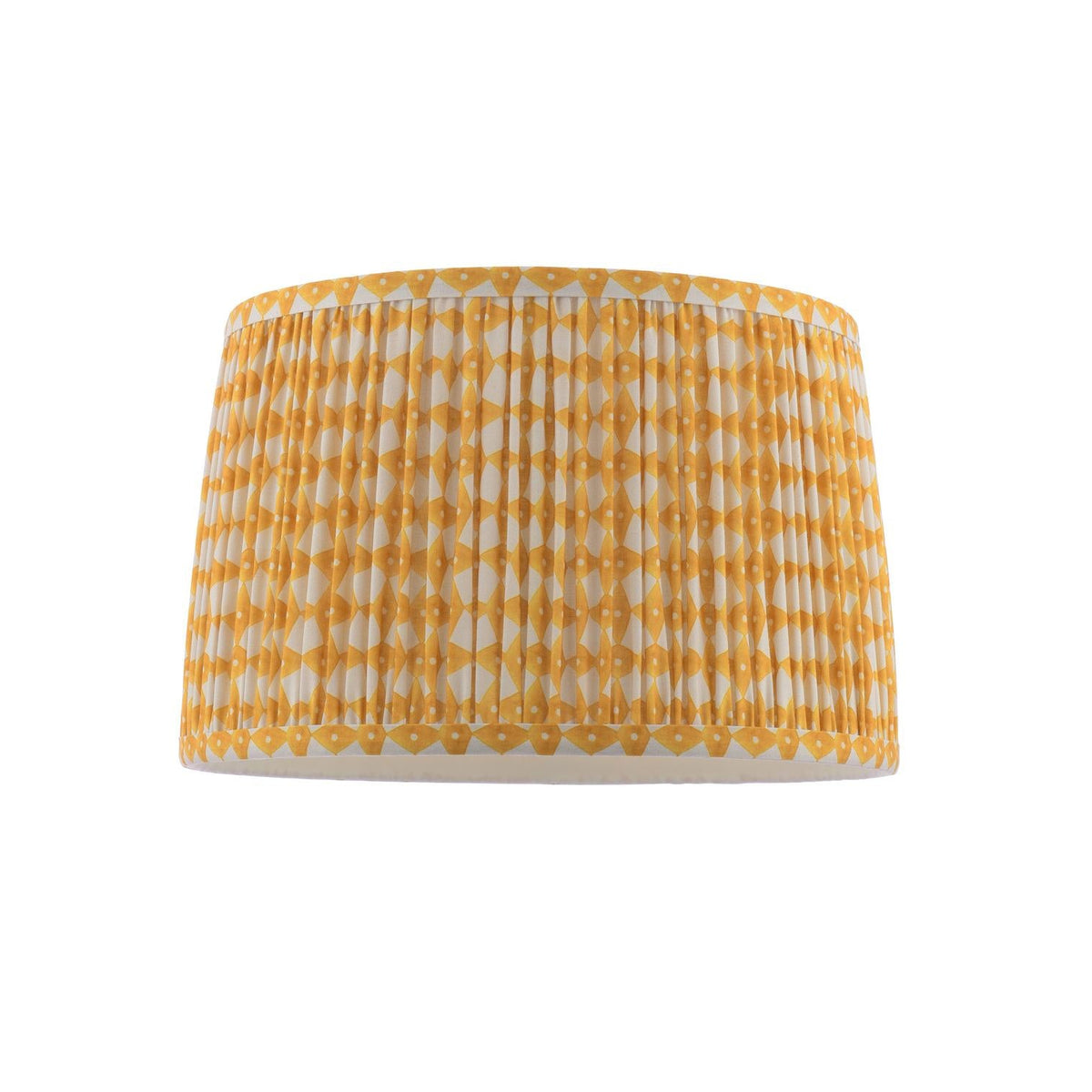 Drum lampshade with yellow and white geometric pattern and pleated fabric texture