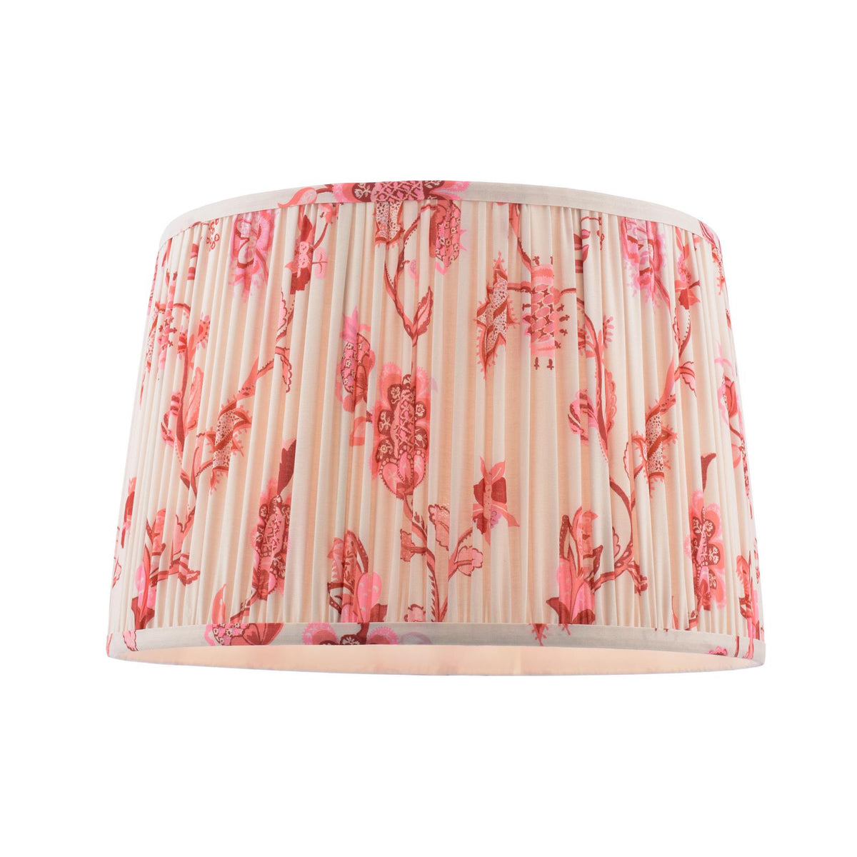 Pleated drum lampshade with pink and red floral pattern on cream background