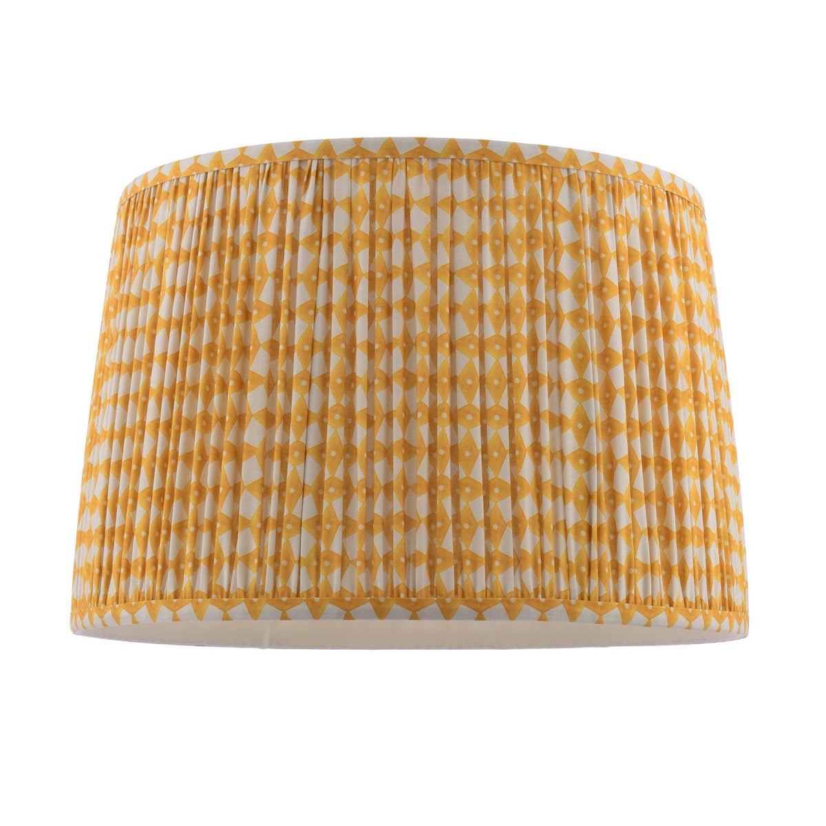 Drum shaped lampshade with yellow and white geometric pattern and pleated fabric texture