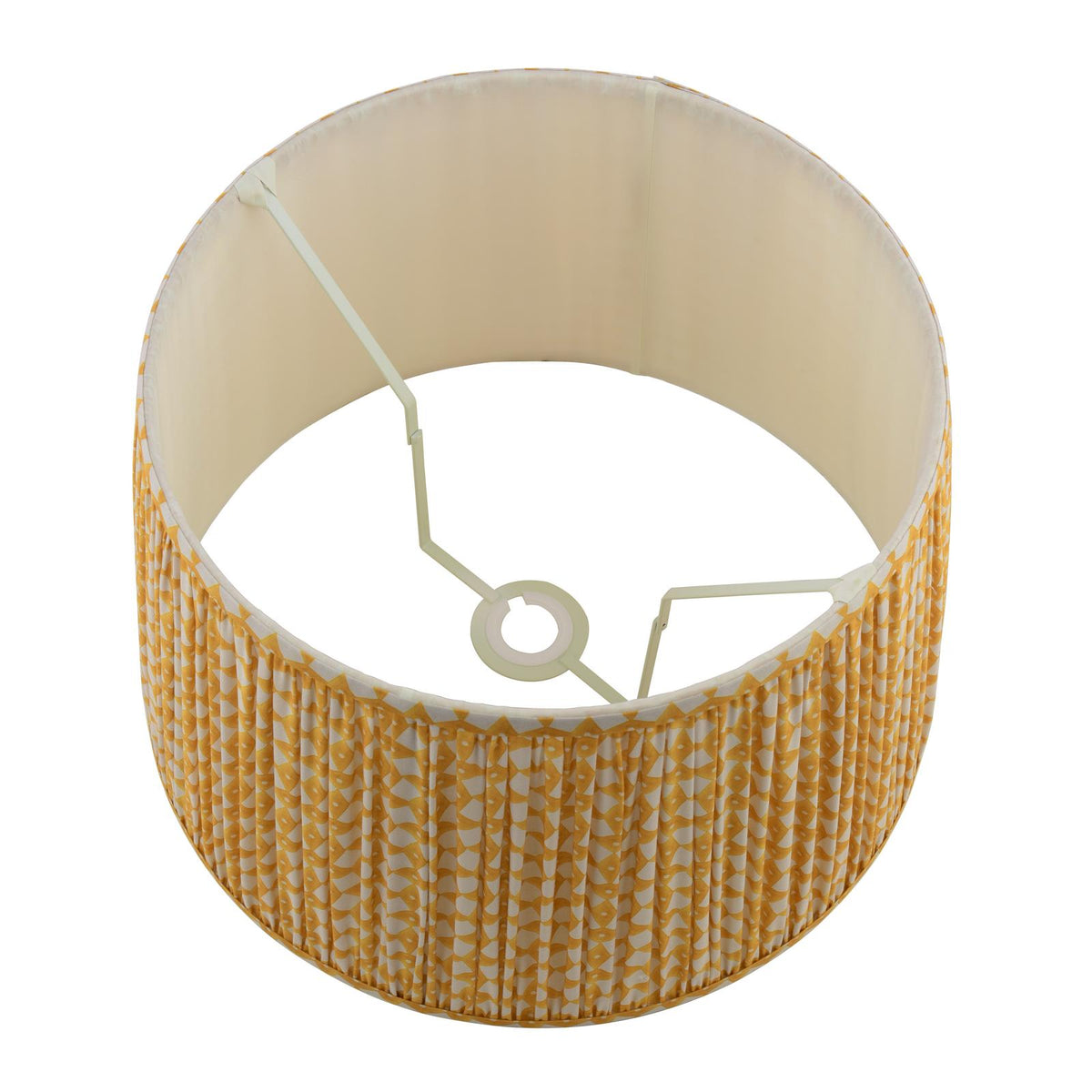 Round pleated lampshade with yellow and white geometric pattern