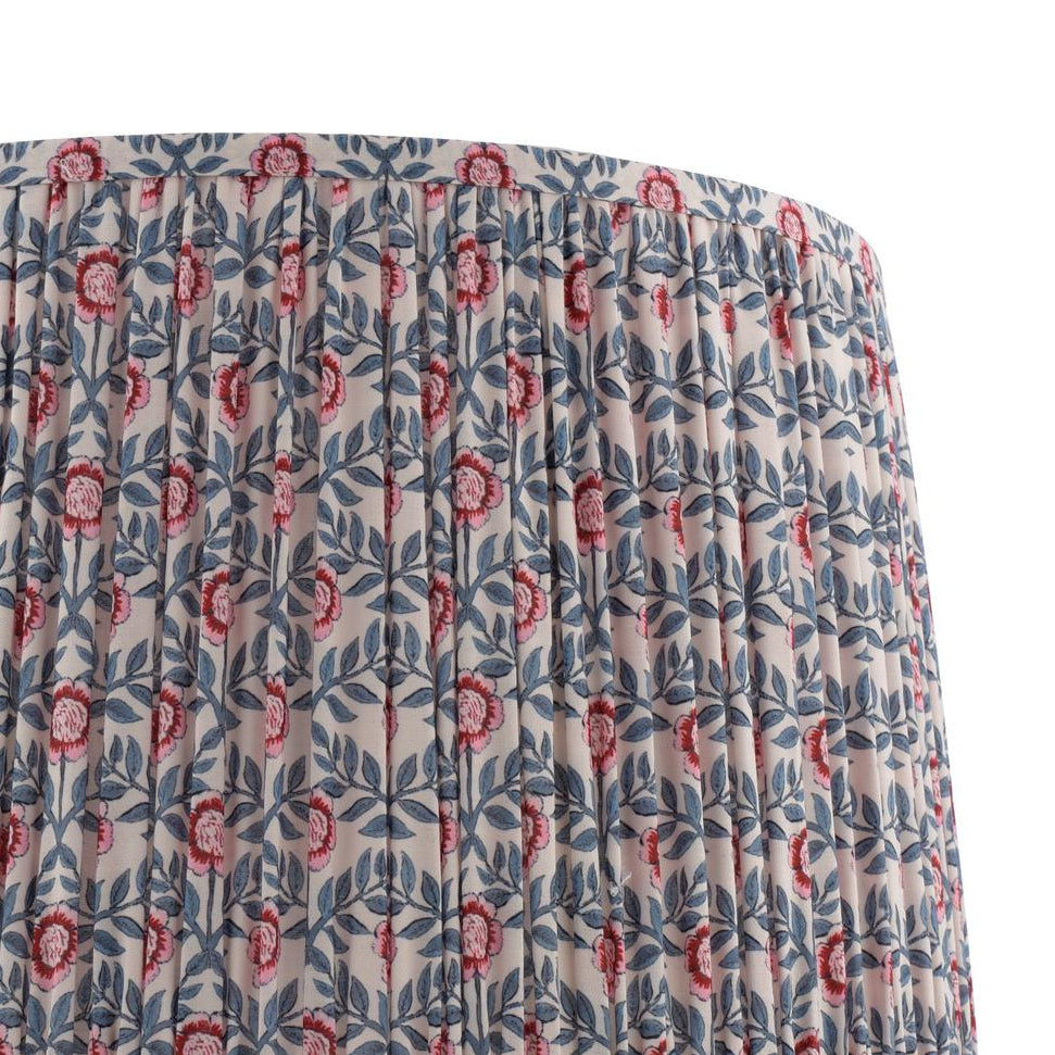 Pleated fabric lampshade with pink and blue floral block print pattern
