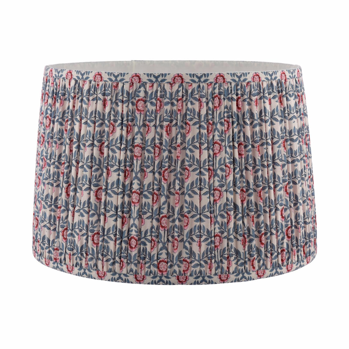 Pleated drum lampshade with pink floral and blue leaf pattern on cream background