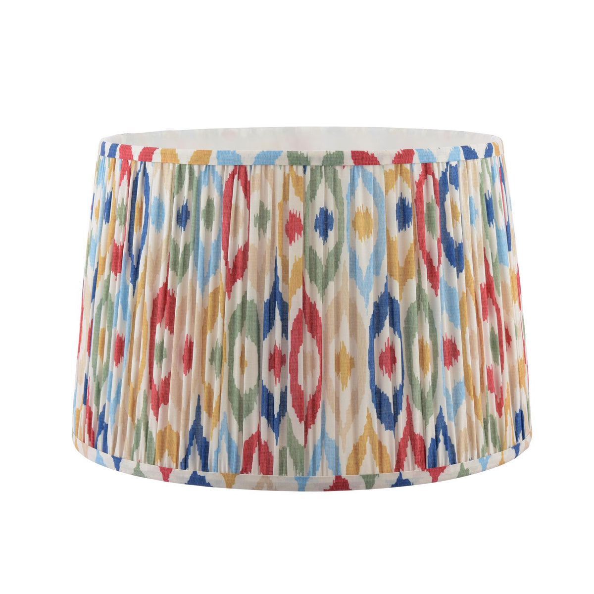 Joules Folly 40cm tapered pleated drum lampshade with a multi colour ikat pattern on cotton fabric