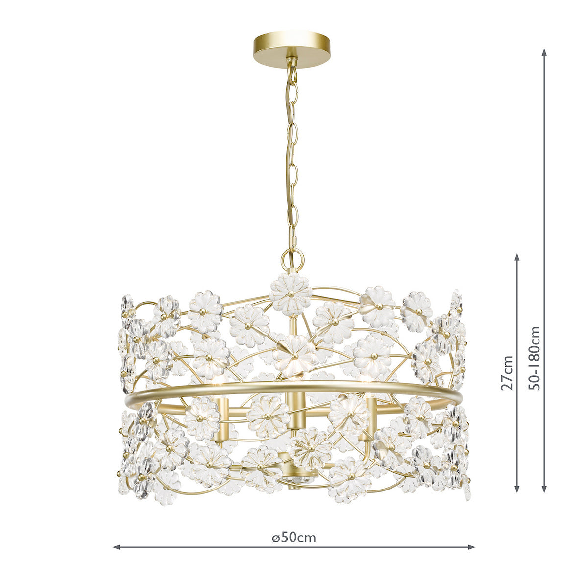 Gold chandelier with clear flower-shaped crystals and dimensions of 50cm diameter and 50-180cm height