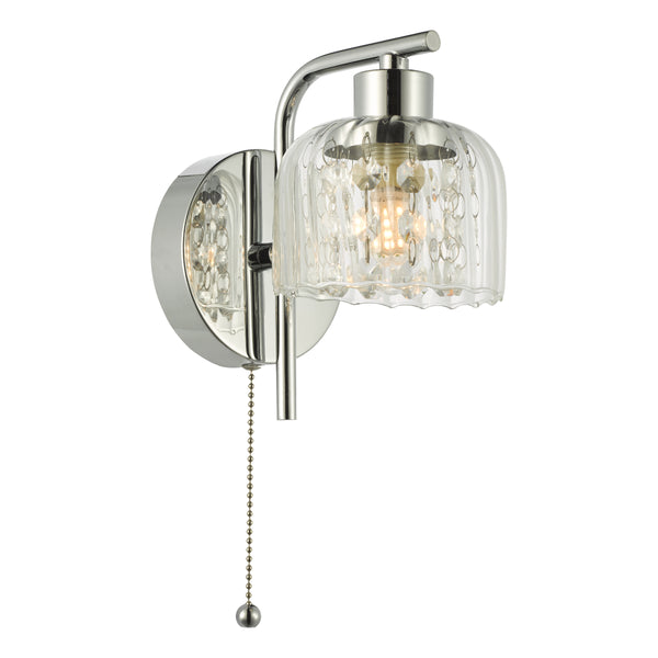 Chrome wall light with a clear glass shade featuring decorative crystals and a pull chain switch