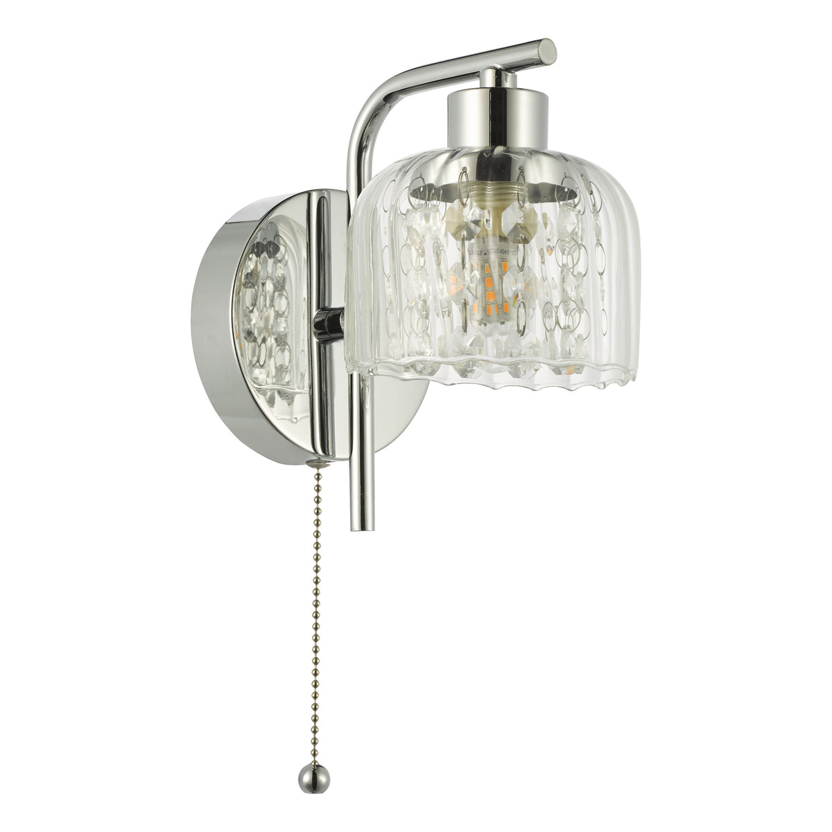 Chrome wall light with a clear glass shade and a pull chain switch
