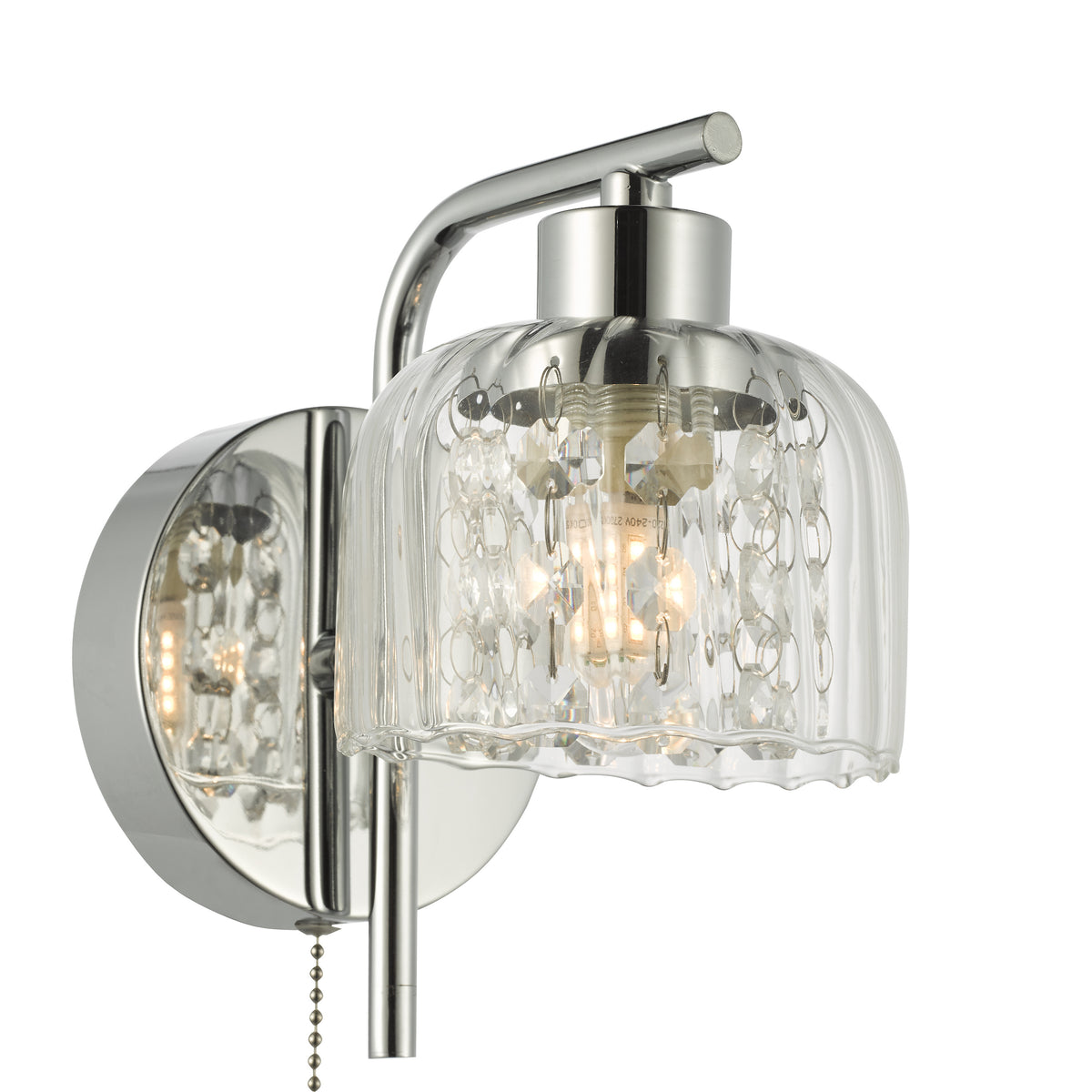 Chrome wall sconce with a clear glass shade and hanging crystal accents