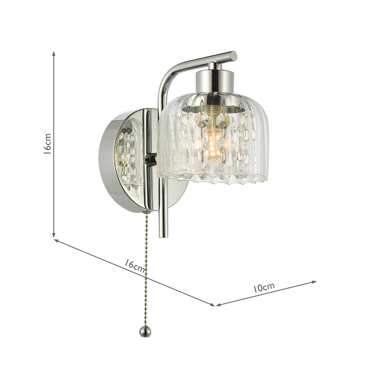 Chrome wall light with clear glass shade and crystal details, 16cm high, 16cm wide, 10cm deep