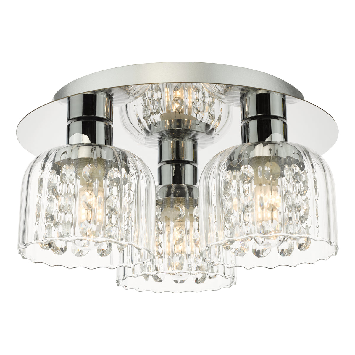 Silver ceiling light with three clear glass shades and crystal accents