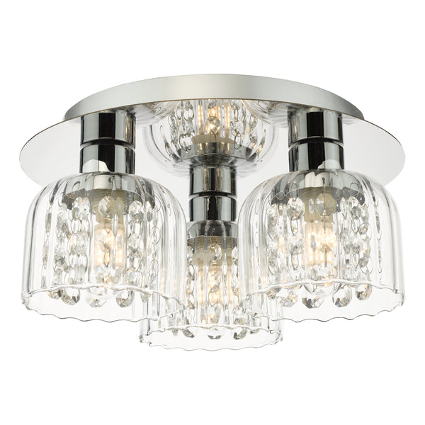Silver ceiling light with three clear glass shades and crystal accents