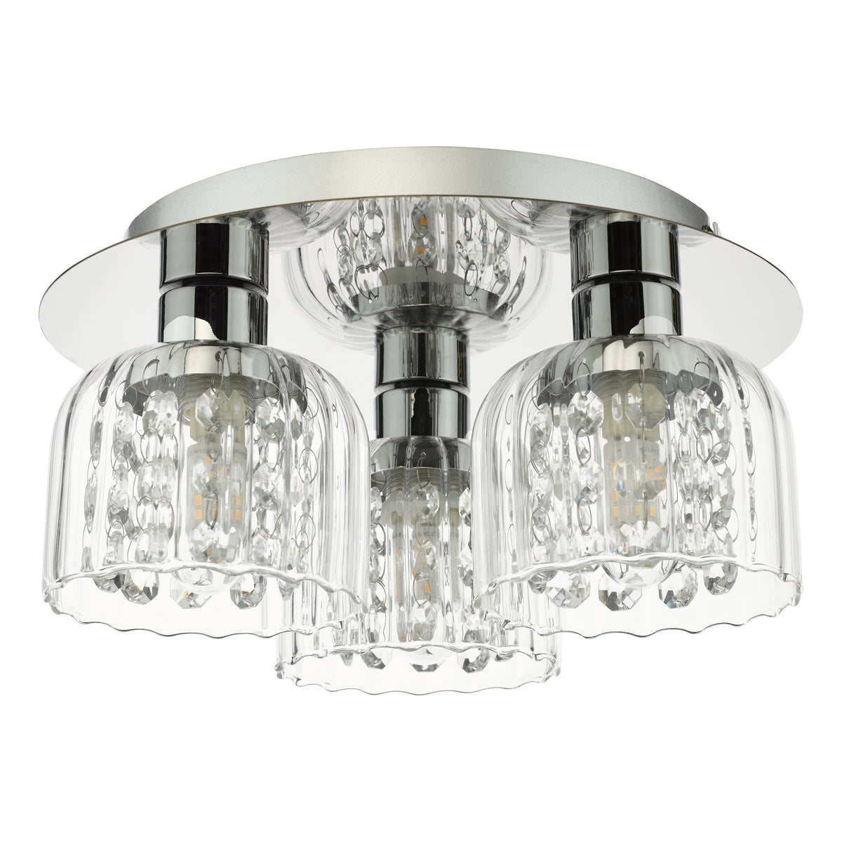 Three-light flush mount ceiling fixture with clear glass shades and crystal accents
