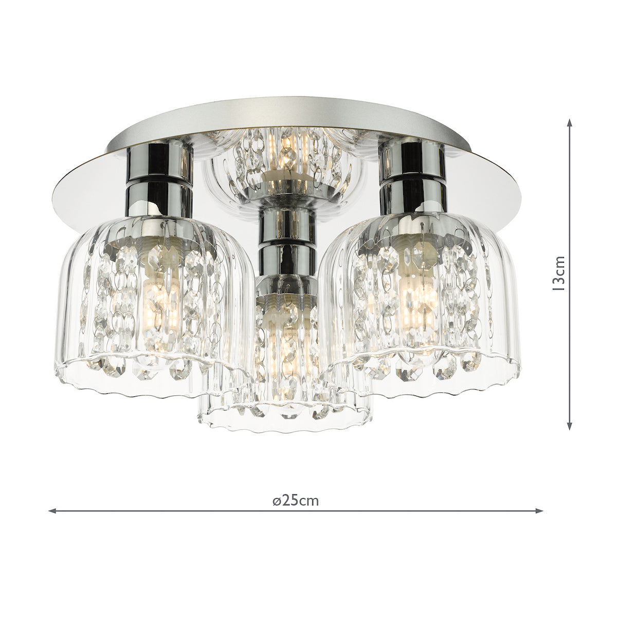 Three light ceiling fitting with chrome base and clear glass shades with crystal beads, 25cm diameter, 13cm height